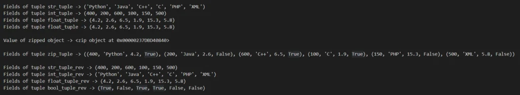 ZIP FUNCTION IN PYTHON TUPLE : Output