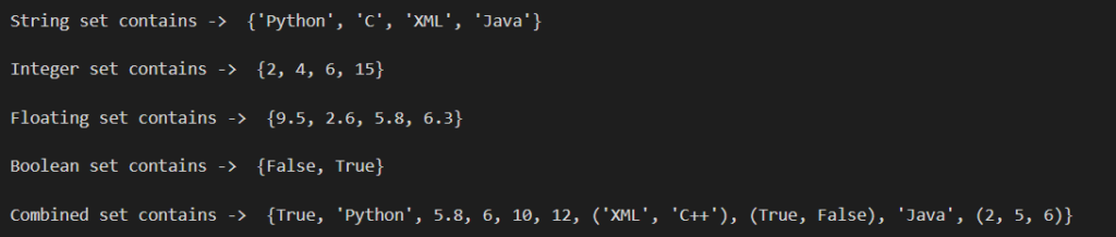 INTRODUCTION TO PYTHON SETS : Output